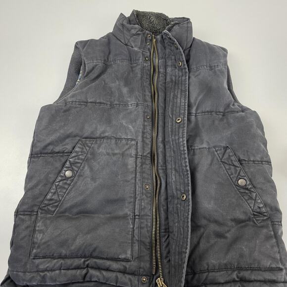 FatFace Vest Mens Large Black Padded Canvas Sherpa Collar Plaid Lined Zip Snap - Picture 7 of 12